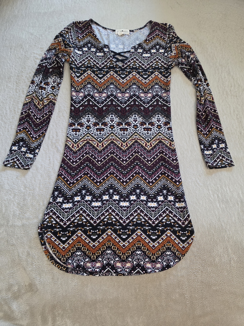 Derek Heart Long-Sleeve Chevron Print Dress in Black, Burgundy and Mustard
